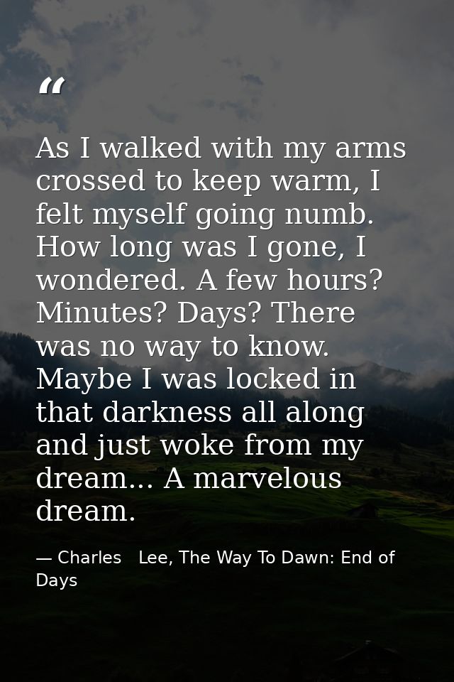As I walked with my arms crossed to keep warm, I felt myself going numb. How long was I gone, I wondered. A few hours? M — Charles   Lee, The Way To Dawn: End of Days