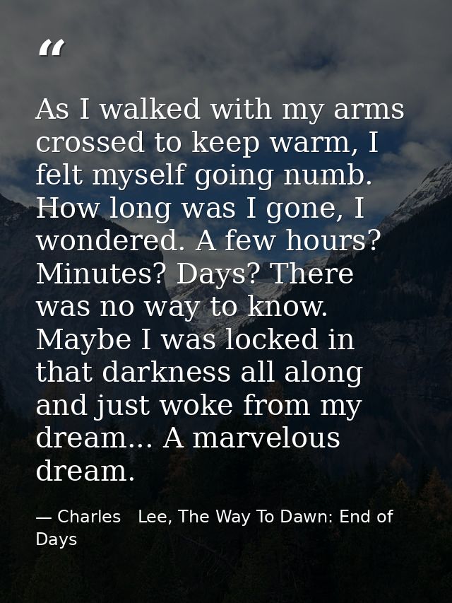 As I walked with my arms crossed to keep warm, I felt myself going numb. How long was I gone, I wondered. A few hours? M — Charles   Lee, The Way To Dawn: End of Days