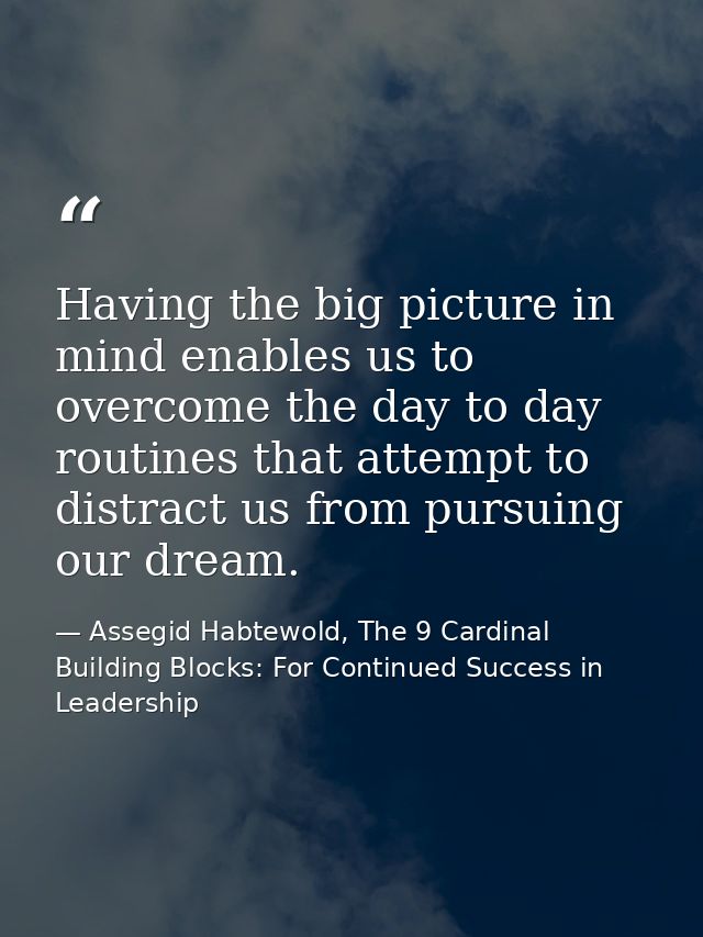Having the big picture in mind enables us to overcome the day to day routines that attempt to distract us from pursuing  — Assegid Habtewold, The 9 Cardinal Building Blocks: For Continued Success in Leadership