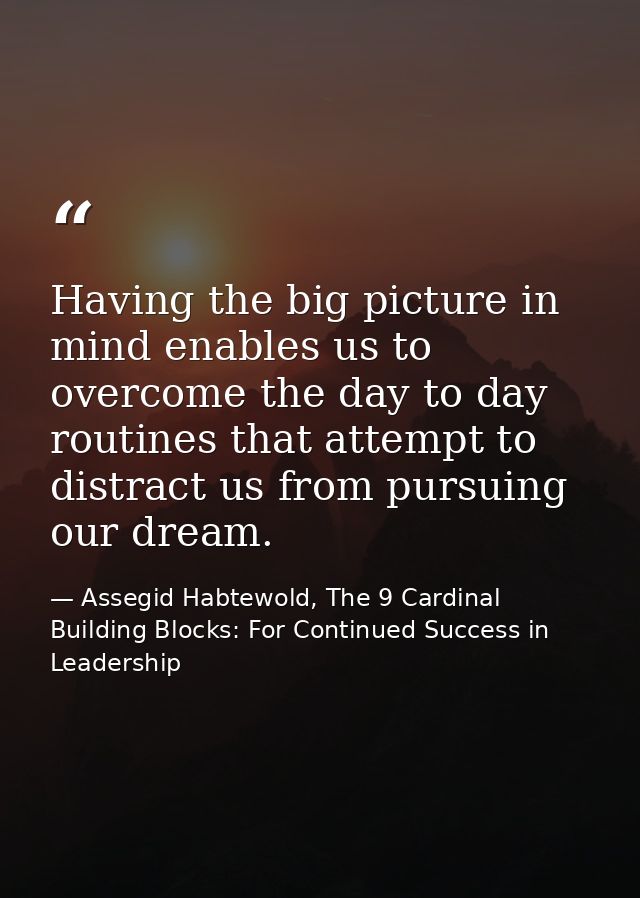 Having the big picture in mind enables us to overcome the day to day routines that attempt to distract us from pursuing  — Assegid Habtewold, The 9 Cardinal Building Blocks: For Continued Success in Leadership