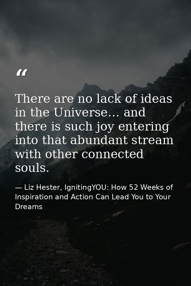 There are no lack of ideas in the Universe… and there is such joy entering into that abundant stream with other connecte — Liz Hester, IgnitingYOU: How 52 Weeks of Inspiration and Action Can Lead You to Your Dreams