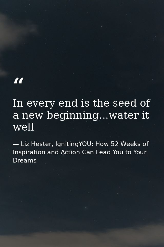 In every end is the seed of a new beginning...water it well — Liz Hester, IgnitingYOU: How 52 Weeks of Inspiration and Action Can Lead You to Your Dreams