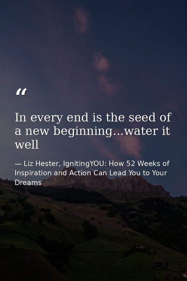 In every end is the seed of a new beginning...water it well — Liz Hester, IgnitingYOU: How 52 Weeks of Inspiration and Action Can Lead You to Your Dreams
