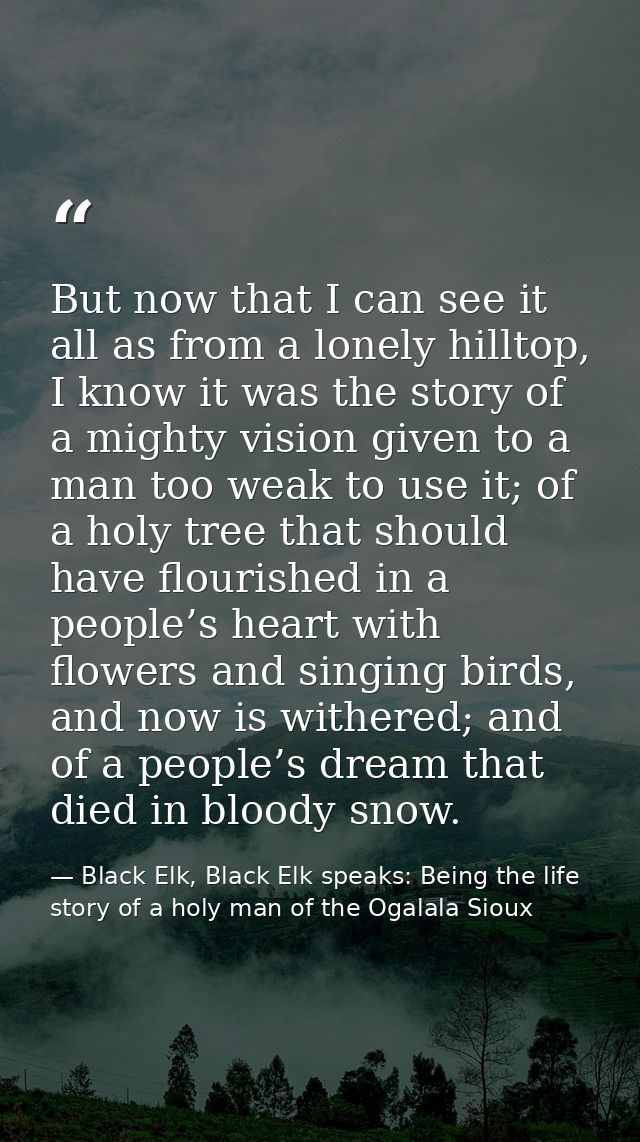 But now that I can see it all as from a lonely hilltop, I know it was the story of a mighty vision given to a man too we — Black Elk, Black Elk speaks: Being the life story of a holy man of the Ogalala Sioux
