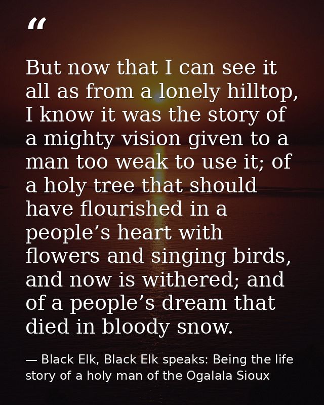 But now that I can see it all as from a lonely hilltop, I know it was the story of a mighty vision given to a man too we — Black Elk, Black Elk speaks: Being the life story of a holy man of the Ogalala Sioux