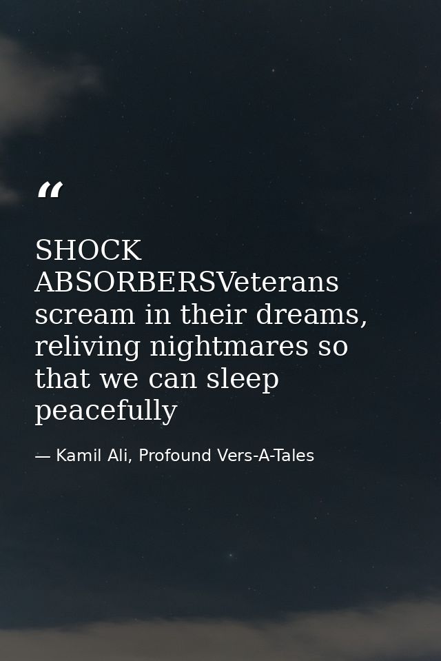 SHOCK ABSORBERSVeterans scream in their dreams, reliving nightmares so that we can sleep peacefully — Kamil Ali, Profound Vers-A-Tales