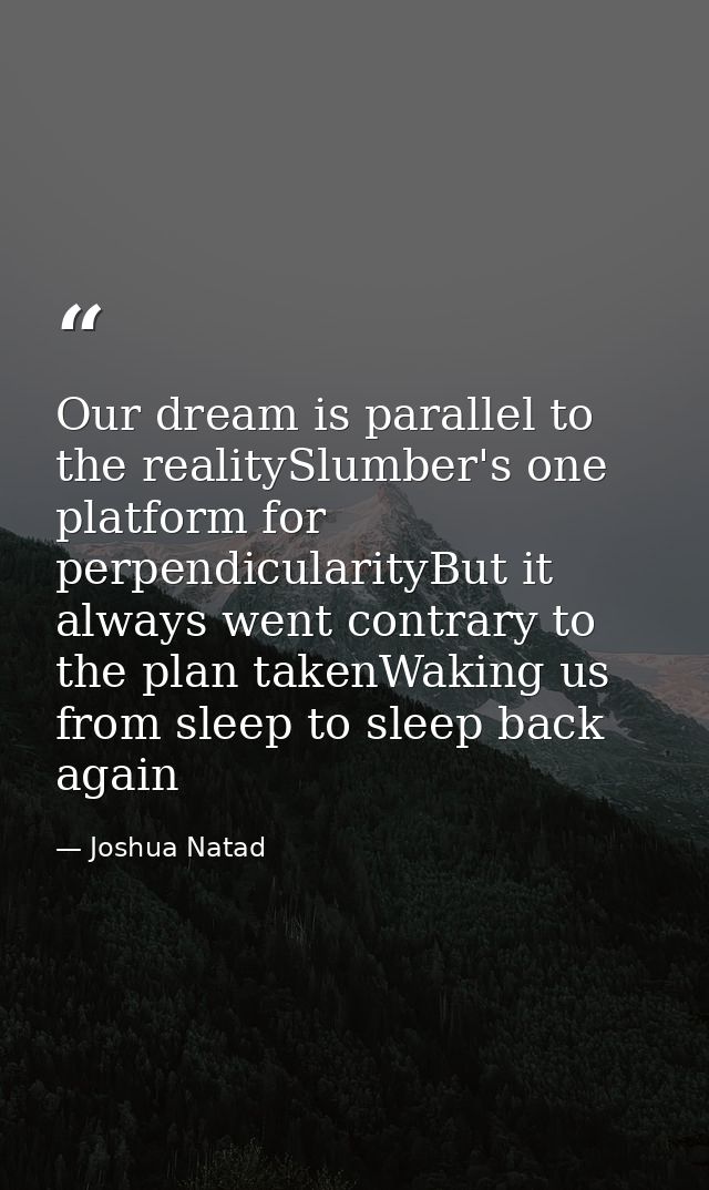 Our dream is parallel to the realitySlumber's one platform for perpendicularityBut it always went contrary to the plan t — Joshua Natad