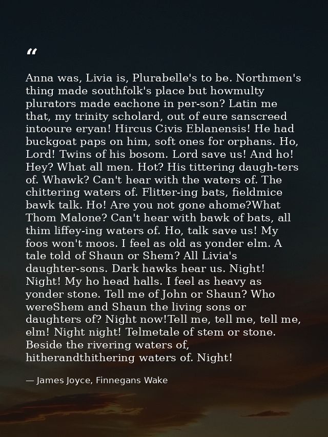 Anna was, Livia is, Plurabelle's to be. Northmen's thing made southfolk's place but howmulty plurators made eachone in p — James Joyce, Finnegans Wake