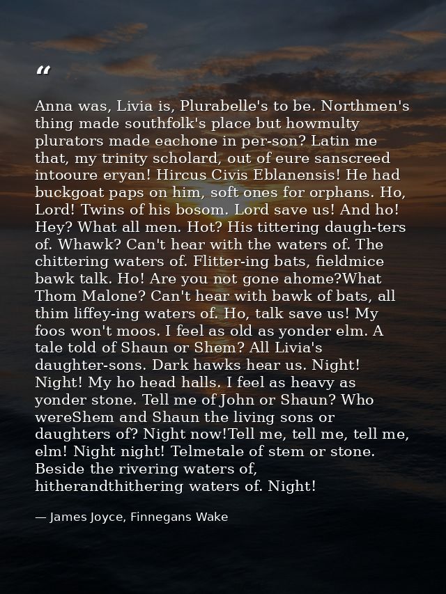 Anna was, Livia is, Plurabelle's to be. Northmen's thing made southfolk's place but howmulty plurators made eachone in p — James Joyce, Finnegans Wake