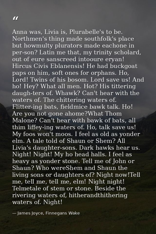 Anna was, Livia is, Plurabelle's to be. Northmen's thing made southfolk's place but howmulty plurators made eachone in p — James Joyce, Finnegans Wake