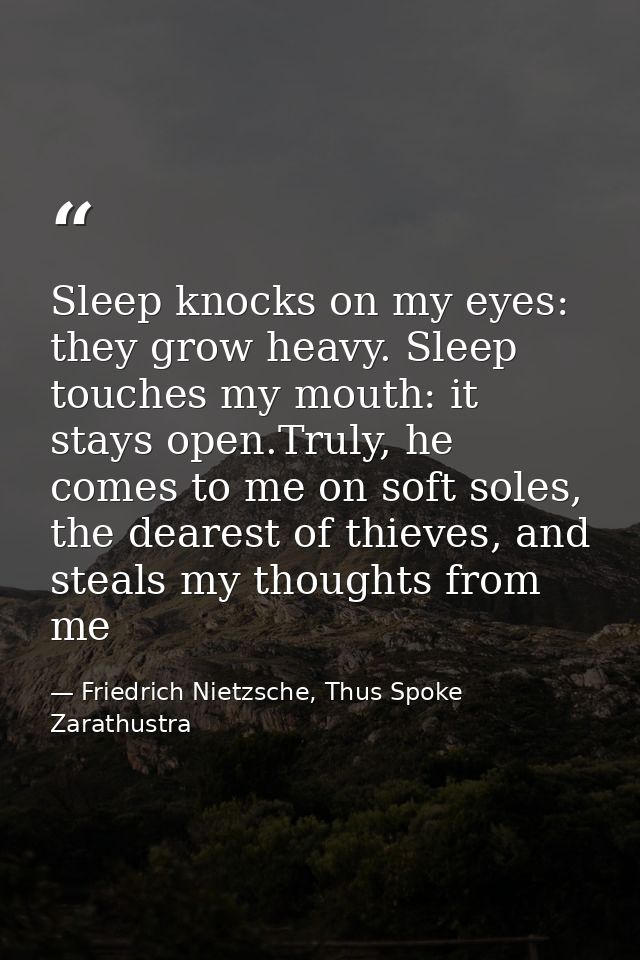 Sleep knocks on my eyes: they grow heavy. Sleep touches my mouth: it stays open.Truly, he comes to me on soft soles, the — Friedrich Nietzsche, Thus Spoke Zarathustra