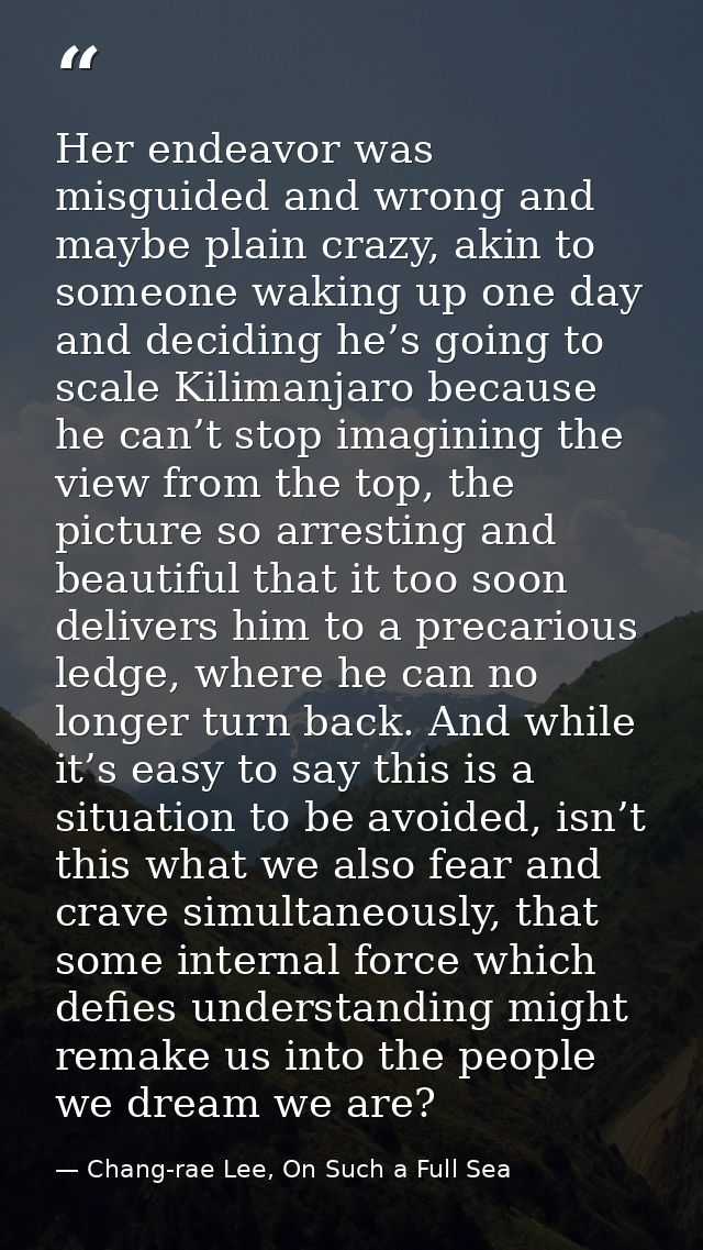 Her endeavor was misguided and wrong and maybe plain crazy, akin to someone waking up one day and deciding he’s going to — Chang-rae Lee, On Such a Full Sea