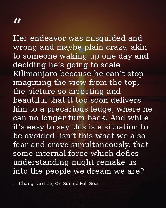 Her endeavor was misguided and wrong and maybe plain crazy, akin to someone waking up one day and deciding he’s going to — Chang-rae Lee, On Such a Full Sea