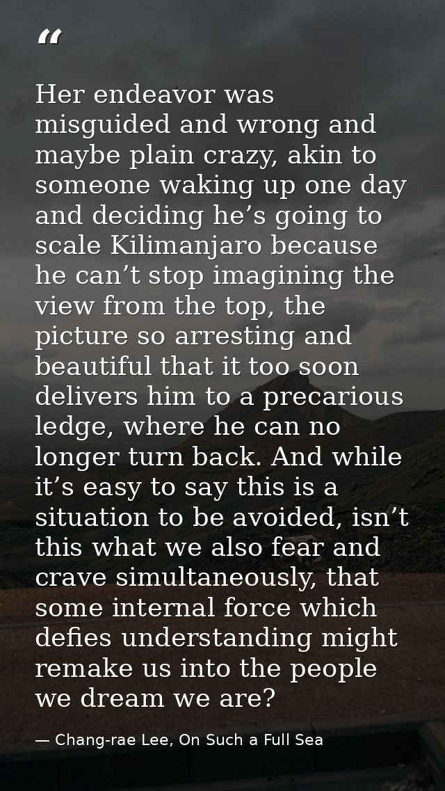 Her endeavor was misguided and wrong and maybe plain crazy, akin to someone waking up one day and deciding he’s going to — Chang-rae Lee, On Such a Full Sea