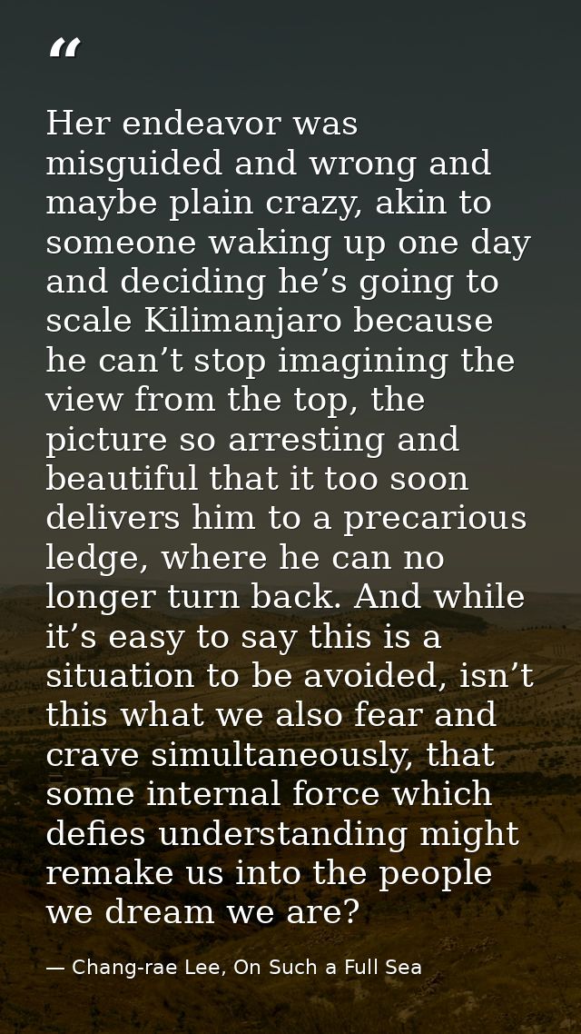 Her endeavor was misguided and wrong and maybe plain crazy, akin to someone waking up one day and deciding he’s going to — Chang-rae Lee, On Such a Full Sea