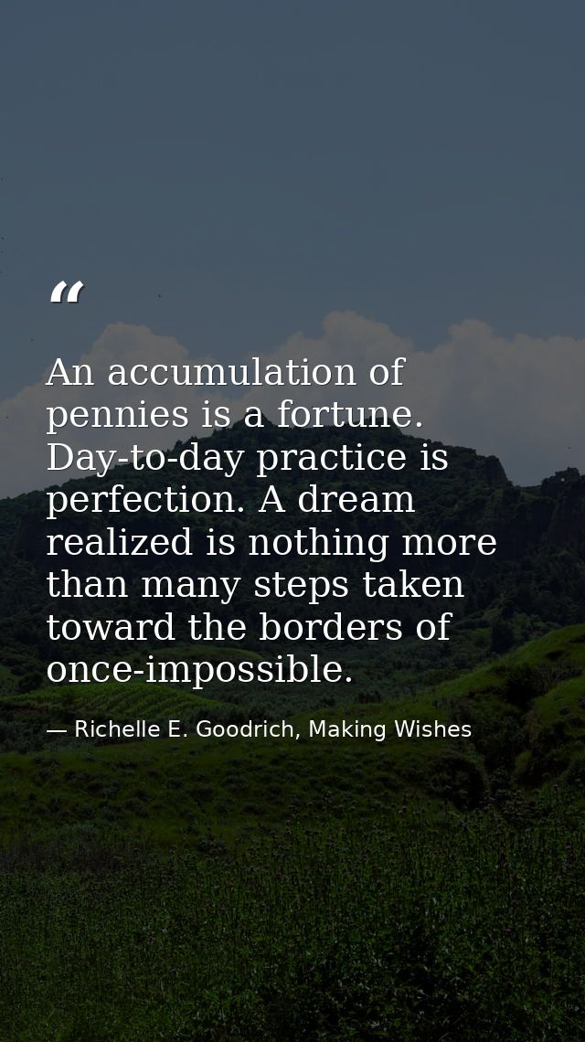 An accumulation of pennies is a fortune. Day-to-day practice is perfection. A dream realized is nothing more than many s — Richelle E. Goodrich, Making Wishes