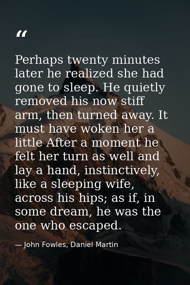 Perhaps twenty minutes later he realized she had gone to sleep. He quietly removed his now stiff arm, then turned away.  — John Fowles, Daniel Martin