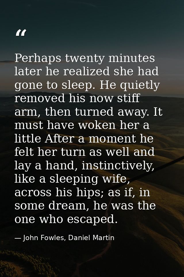 Perhaps twenty minutes later he realized she had gone to sleep. He quietly removed his now stiff arm, then turned away.  — John Fowles, Daniel Martin