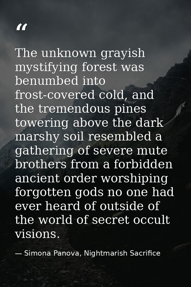 The unknown grayish mystifying forest was benumbed into frost-covered cold, and the tremendous pines towering above the  — Simona Panova, Nightmarish Sacrifice
