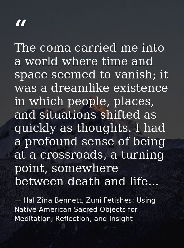 The coma carried me into a world where time and space seemed to vanish; it was a dreamlike existence in which people, pl — Hal Zina Bennett, Zuni Fetishes: Using Native American Sacred Objects for Meditation, Reflection, and Insight