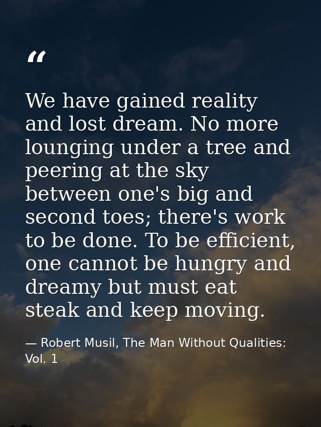 We have gained reality and lost dream. No more lounging under a tree and peering at the sky between one's big and second — Robert Musil, The Man Without Qualities: Vol. 1