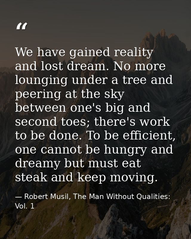 We have gained reality and lost dream. No more lounging under a tree and peering at the sky between one's big and second — Robert Musil, The Man Without Qualities: Vol. 1