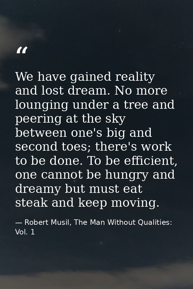 We have gained reality and lost dream. No more lounging under a tree and peering at the sky between one's big and second — Robert Musil, The Man Without Qualities: Vol. 1