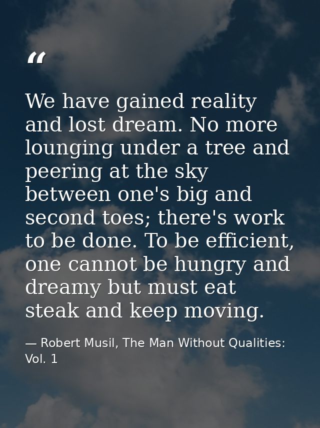 We have gained reality and lost dream. No more lounging under a tree and peering at the sky between one's big and second — Robert Musil, The Man Without Qualities: Vol. 1