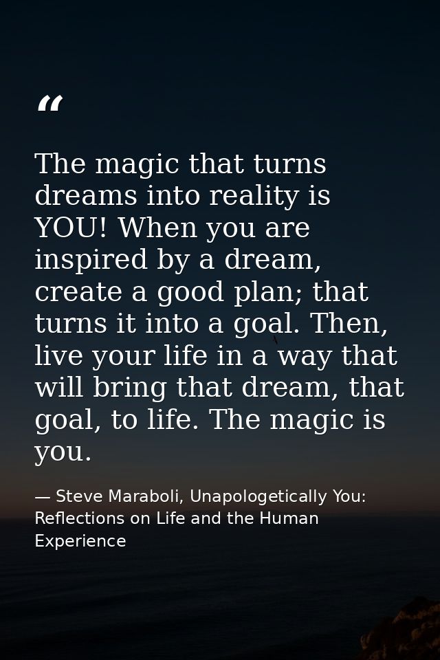 The magic that turns dreams into reality is YOU! When you are inspired by a dream, create a good plan; that turns it int — Steve Maraboli, Unapologetically You: Reflections on Life and the Human Experience