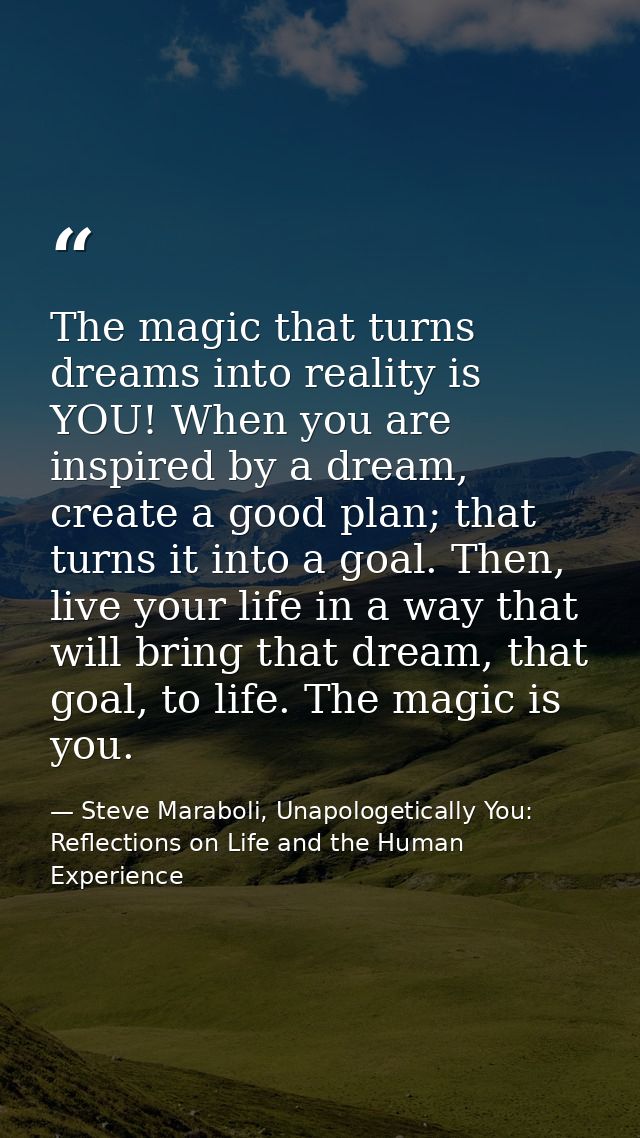 The magic that turns dreams into reality is YOU! When you are inspired by a dream, create a good plan; that turns it int — Steve Maraboli, Unapologetically You: Reflections on Life and the Human Experience