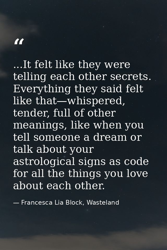 ...It felt like they were telling each other secrets. Everything they said felt like that—whispered, tender, full of oth — Francesca Lia Block, Wasteland