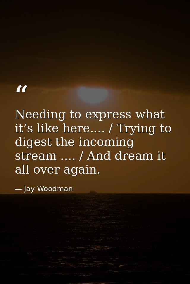 Needing to express what it’s like here.... / Trying to digest the incoming stream .... / And dream it all over again. — Jay Woodman