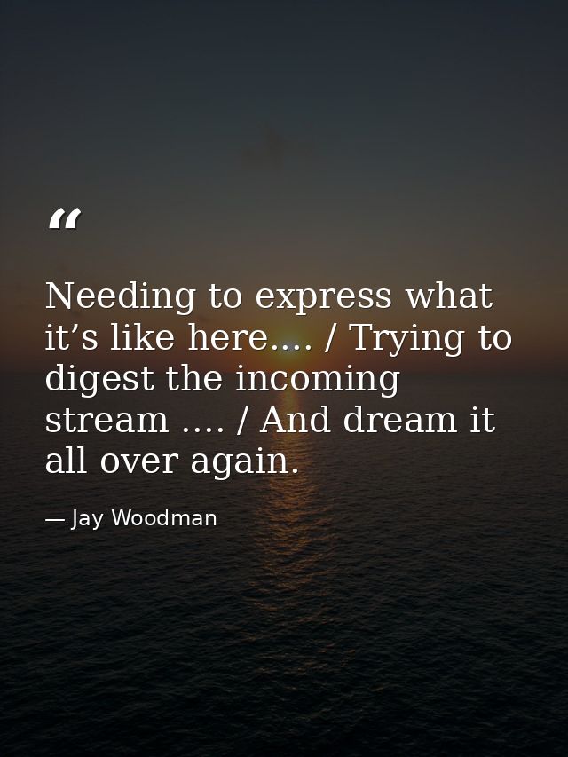 Needing to express what it’s like here.... / Trying to digest the incoming stream .... / And dream it all over again. — Jay Woodman