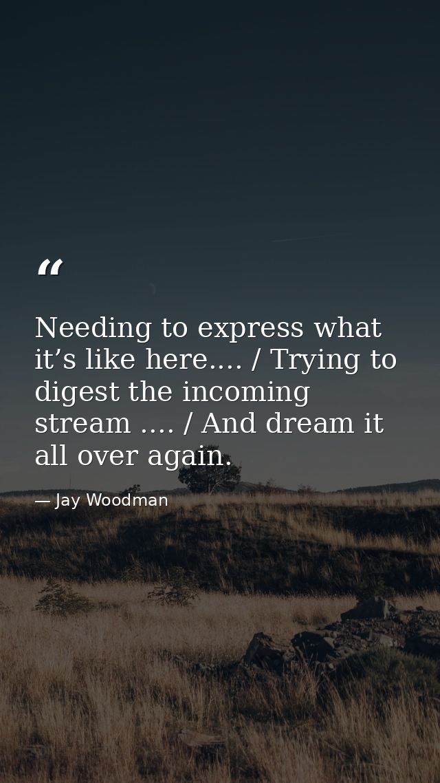 Needing to express what it’s like here.... / Trying to digest the incoming stream .... / And dream it all over again. — Jay Woodman