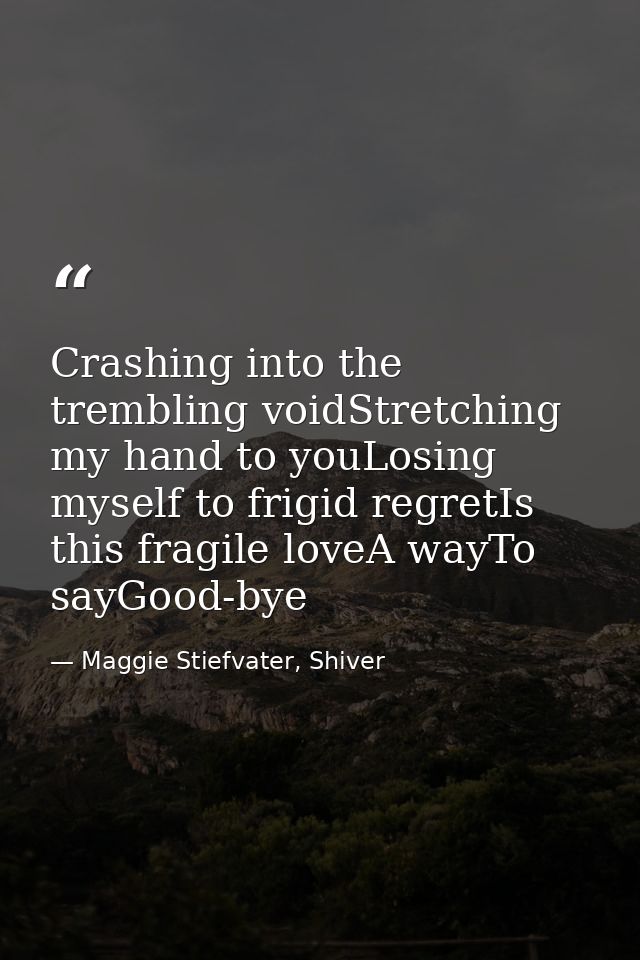 Crashing into the trembling voidStretching my hand to youLosing myself to frigid regretIs this fragile loveA wayTo sayGo — Maggie Stiefvater, Shiver