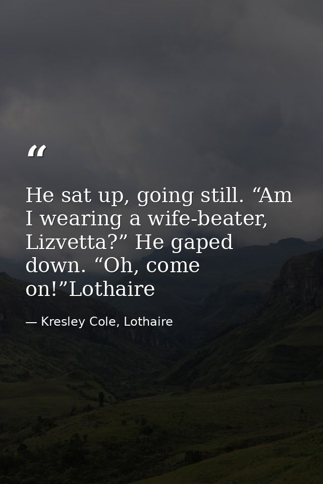 He sat up, going still. “Am I wearing a wife-beater, Lizvetta?” He gaped down. “Oh, come on!”Lothaire — Kresley Cole, Lothaire