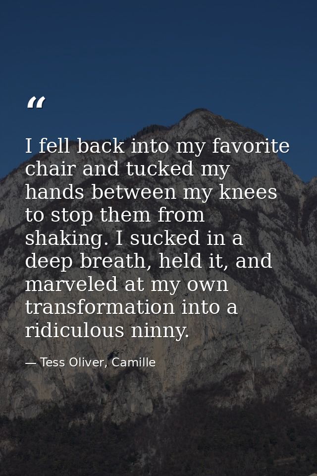 I fell back into my favorite chair and tucked my hands between my knees to stop them from shaking. I sucked in a deep br — Tess Oliver, Camille