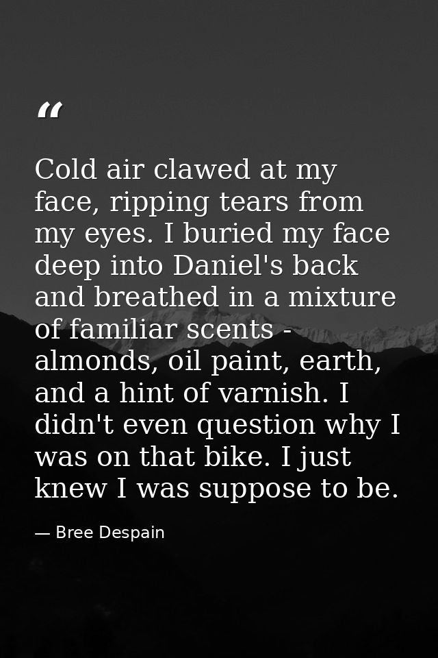 Cold air clawed at my face, ripping tears from my eyes. I buried my face deep into Daniel's back and breathed in a mixtu — Bree Despain