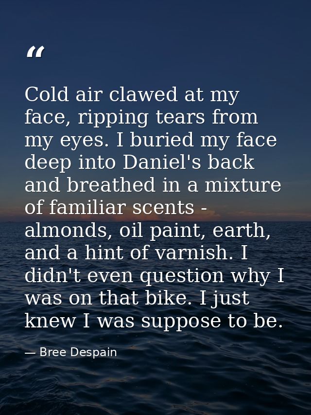 Cold air clawed at my face, ripping tears from my eyes. I buried my face deep into Daniel's back and breathed in a mixtu — Bree Despain