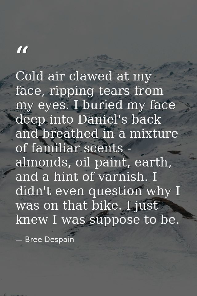 Cold air clawed at my face, ripping tears from my eyes. I buried my face deep into Daniel's back and breathed in a mixtu — Bree Despain