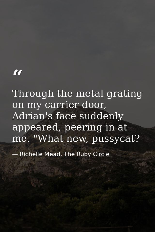 Through the metal grating on my carrier door, Adrian's face suddenly appeared, peering in at me. "What new, pussycat? — Richelle Mead, The Ruby Circle
