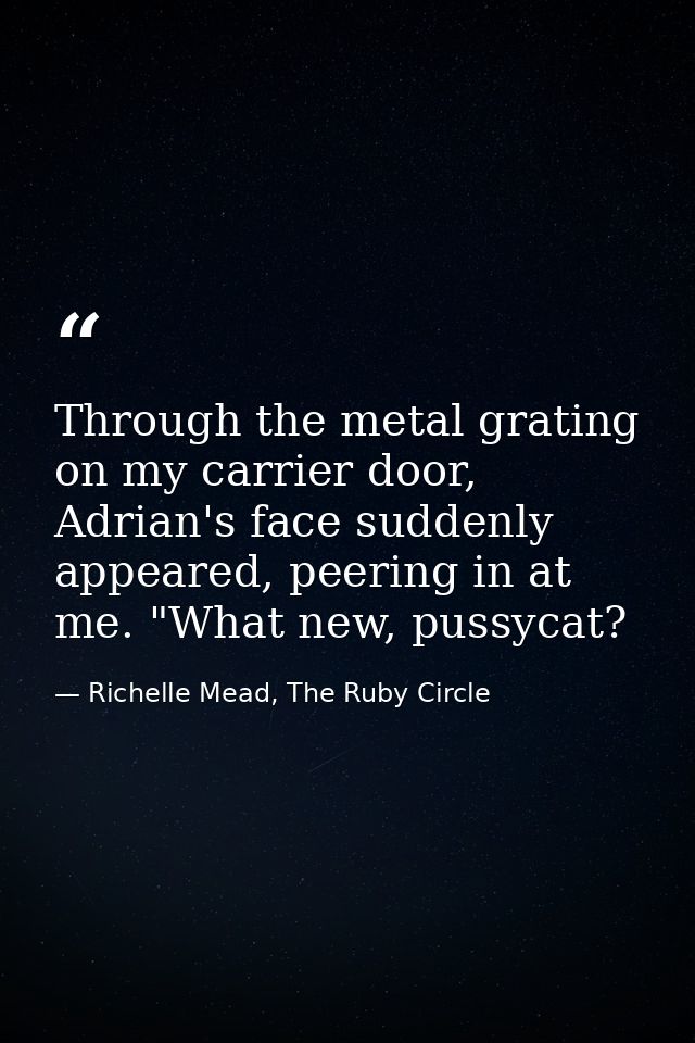 Through the metal grating on my carrier door, Adrian's face suddenly appeared, peering in at me. "What new, pussycat? — Richelle Mead, The Ruby Circle