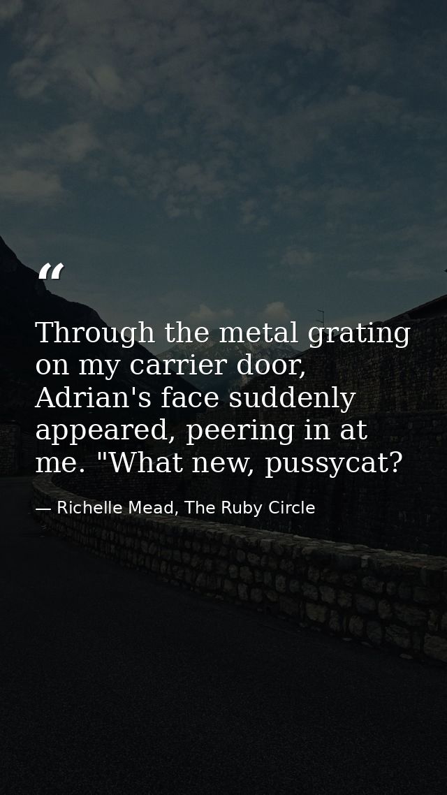 Through the metal grating on my carrier door, Adrian's face suddenly appeared, peering in at me. "What new, pussycat? — Richelle Mead, The Ruby Circle