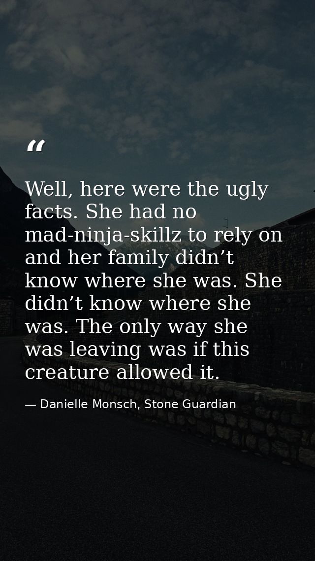 Well, here were the ugly facts. She had no mad-ninja-skillz to rely on and her family didn’t know where she was. She did — Danielle Monsch, Stone Guardian