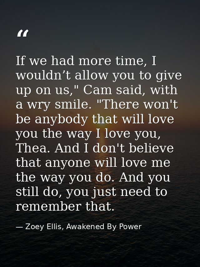 If we had more time, I wouldn’t allow you to give up on us," Cam said, with a wry smile. "There won't be anybody that wi — Zoey Ellis, Awakened By Power