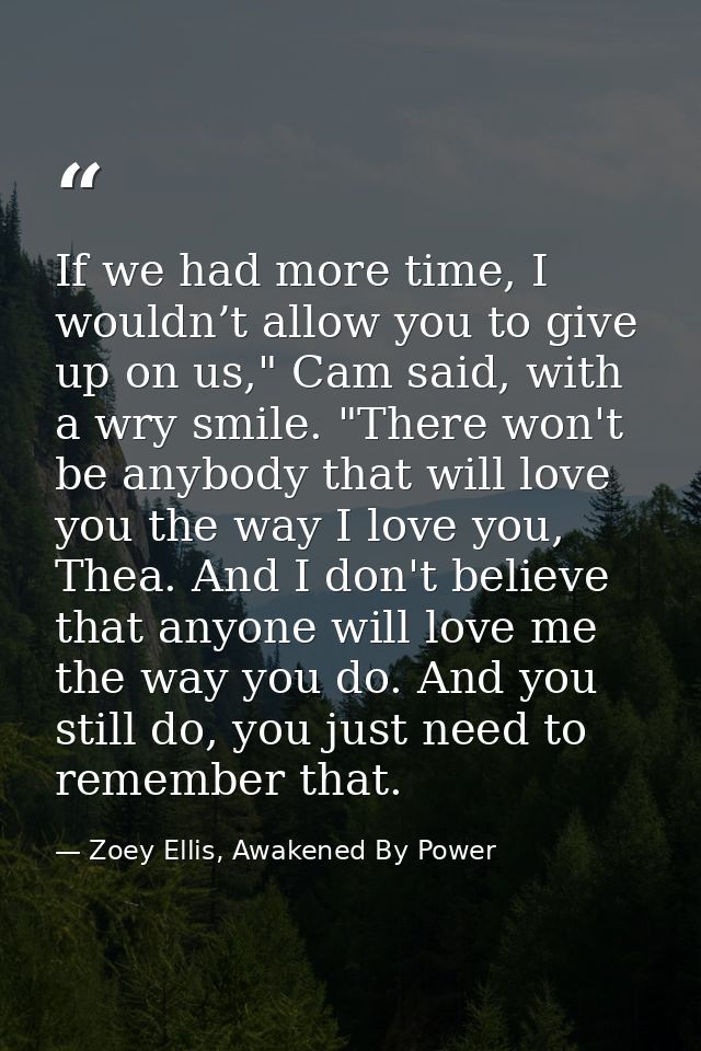 If we had more time, I wouldn’t allow you to give up on us," Cam said, with a wry smile. "There won't be anybody that wi — Zoey Ellis, Awakened By Power