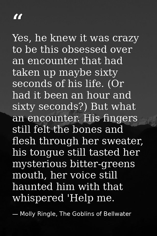 Yes, he knew it was crazy to be this obsessed over an encounter that had taken up maybe sixty seconds of his life. (Or h — Molly Ringle, The Goblins of Bellwater