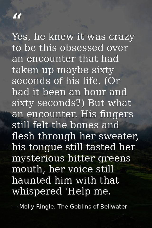 Yes, he knew it was crazy to be this obsessed over an encounter that had taken up maybe sixty seconds of his life. (Or h — Molly Ringle, The Goblins of Bellwater