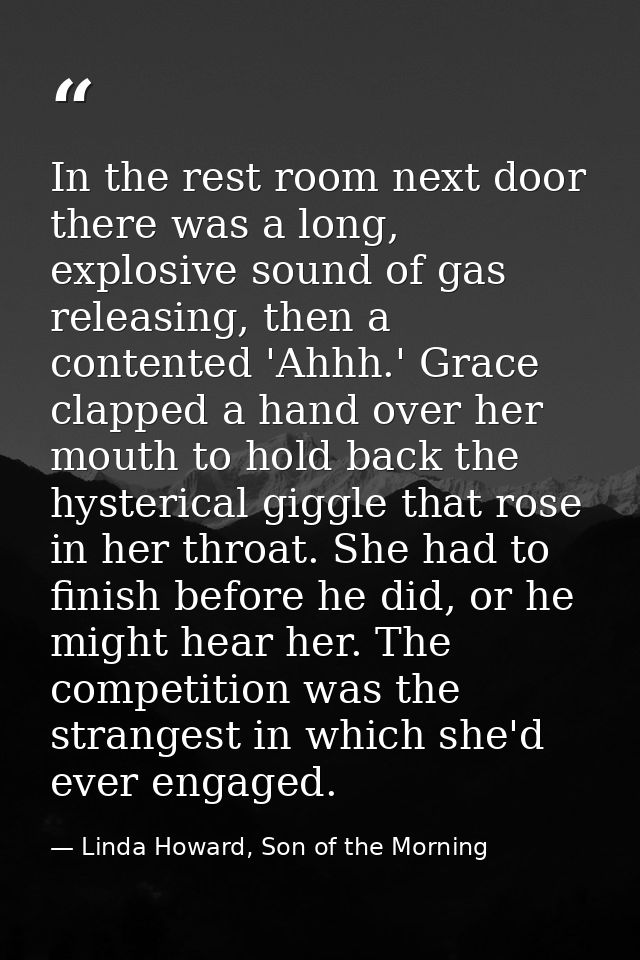 In the rest room next door there was a long, explosive sound of gas releasing, then a contented 'Ahhh.' Grace clapped a  — Linda Howard, Son of the Morning