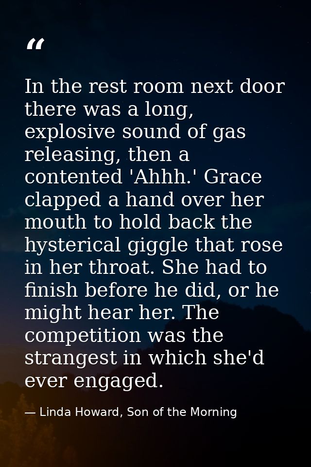 In the rest room next door there was a long, explosive sound of gas releasing, then a contented 'Ahhh.' Grace clapped a  — Linda Howard, Son of the Morning